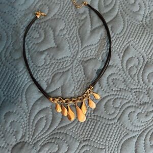 Black Leather Cord Necklace with Gold Accents